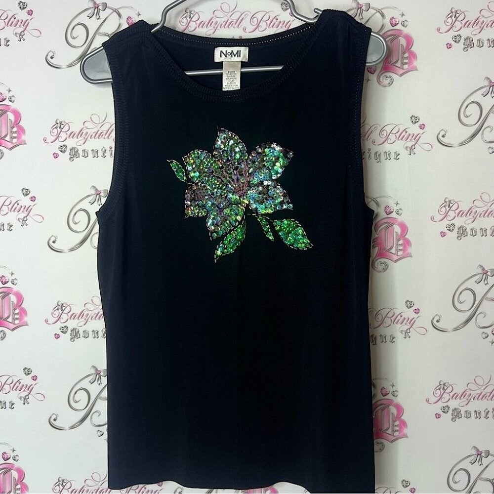 Nomi shirt Black Tank Top with Green Sequin Floral Design flower vintage